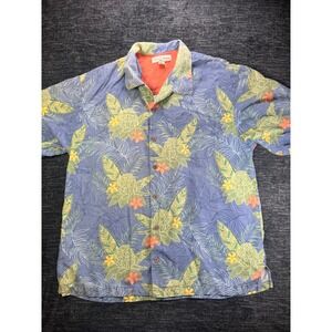 Tommy Bahama Shirt Mens XL Blue Silk Pineapple Floral Tropical Camp Button Down